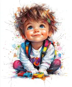 Colorful Portrait of a Smiling Child Playing with Toy Cars