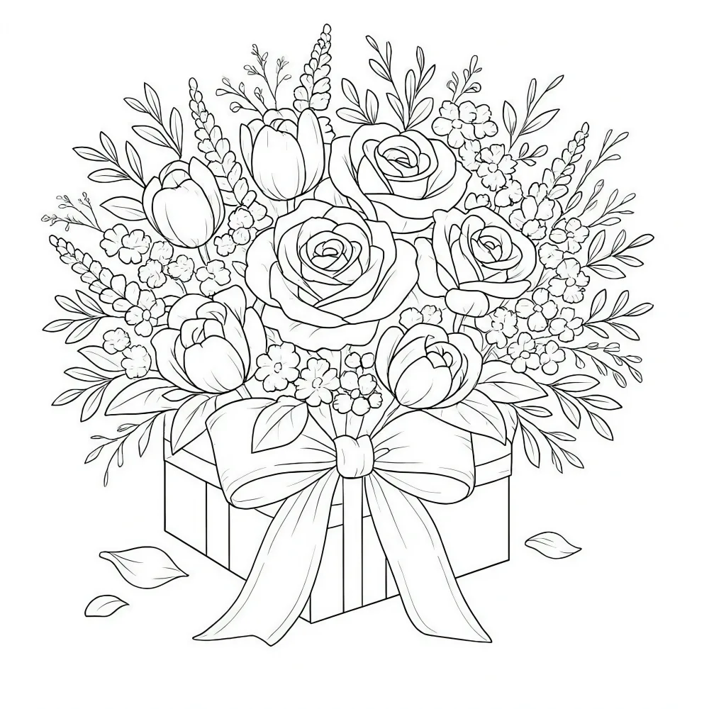 Black and White Line Drawing of Floral Gift Box Bouquet