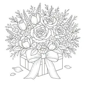 Black and White Line Drawing of Floral Gift Box Bouquet