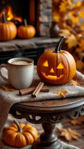 Cozy Autumn Scene with Jack-o'-Lantern and Warm Coffee