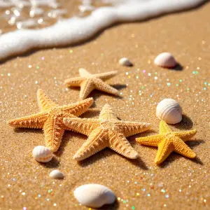 Starfish and Seashells on Sandy Beach with Ocean Foam