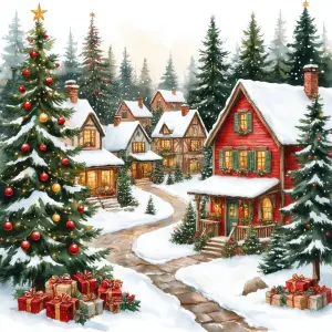 Snowy Christmas Village with Decorated Trees and Gifts