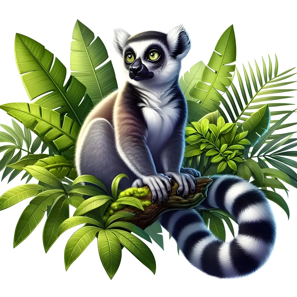 Ring-Tailed Lemur Sitting on Tree Branch with Lush Green Leaves