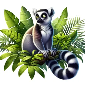 Ring-Tailed Lemur Sitting on Tree Branch with Lush Green Leaves