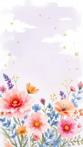 Pastel Floral Watercolor with Golden Stars and Soft Clouds