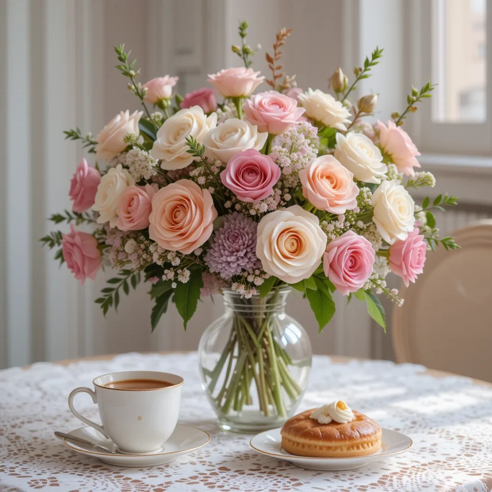 Elegant Bouquet of Mixed Roses in Vase with Coffee and Pastry