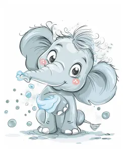 Cute Cartoon Baby Elephant Playing with Water Bubbles