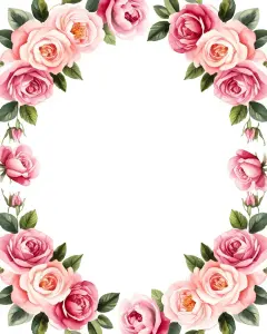 Pink Rose Floral Frame with Green Leaves on White Background