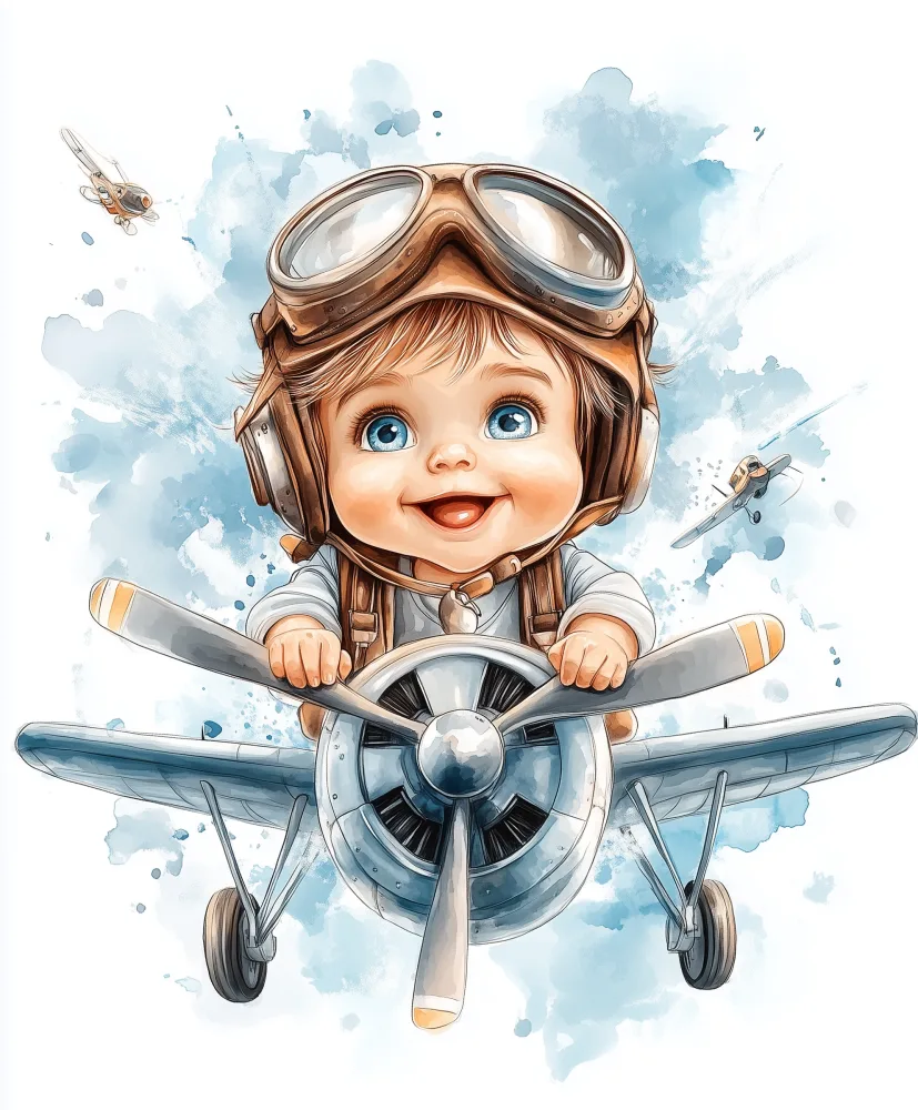 Cute Baby Pilot Flying Small Vintage Airplane Illustration