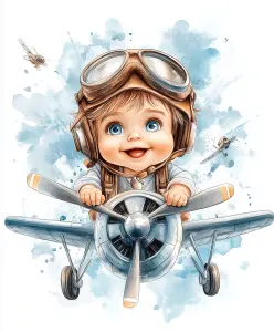 Cute Baby Pilot Flying Small Vintage Airplane Illustration