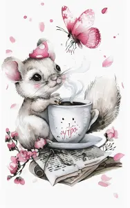 Cute Squirrel with Coffee and Pink Butterfly Watercolor