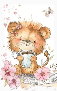 Cute Watercolor Lion Cub Drinking Coffee with Flowers and Butterflies