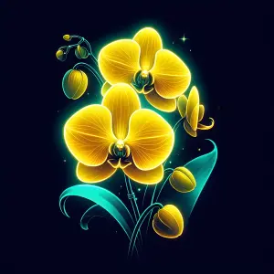Glowing Yellow Orchid Flowers with Blue Leaves on Dark Background