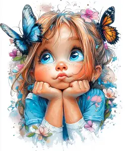 Illustration of a Dreamy Little Girl with Butterflies and Flowers