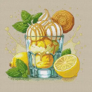 Cross-Stitch Artwork of Lemon Ice Cream with Mint and Biscuits