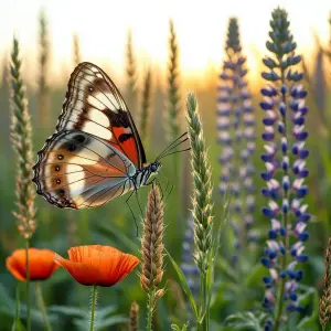 Butterfly on Wildflower Field at Sunset