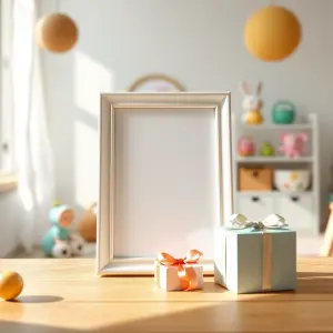 Empty Photo Frame with Gift Boxes on Wooden Table in Sunny Room