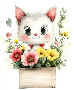 Cute Cartoon Kitten Among Colorful Garden Flowers