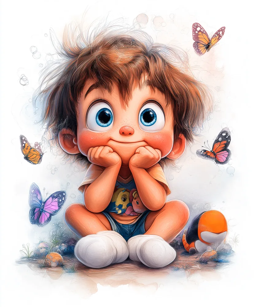 Illustration of a happy child surrounded by butterflies