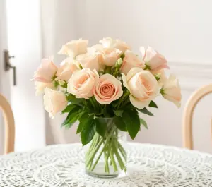 Soft Peach Roses in Glass Vase on Crochet Tablecloth