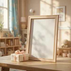 Blank Wooden Picture Frame and Gift Box on Wooden Table in Cozy Room
