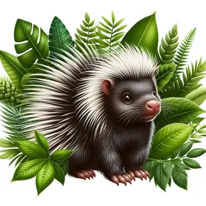 Cute Porcupine Among Tropical Green Leaves