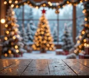 Wooden Table with Blurred Christmas Tree Lights and Snow