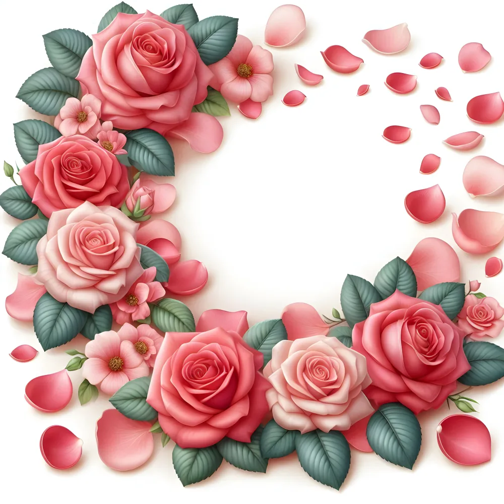 Pink and Red Rose Frame with Scattered Petals