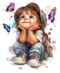 Happy Young Child Sitting with Butterflies