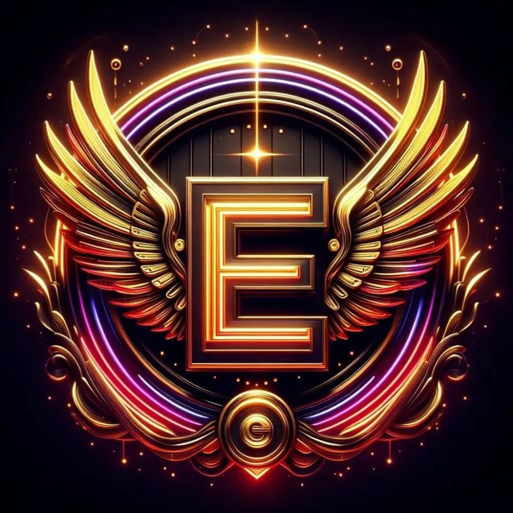 Illuminated Gold Letter E with Wings and Neon Circle
