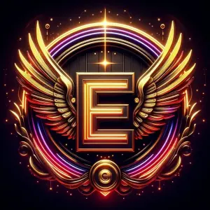 Illuminated Gold Letter E with Wings and Neon Circle