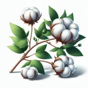 Cotton Plant Branch with Blossoms and Green Leaves