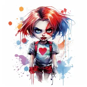 Chibi Girl with Red and Blue Hair and Heart T-Shirt in Watercolor Style