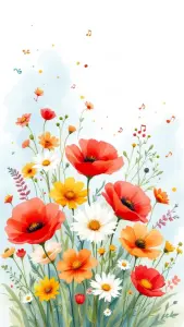 Colorful Spring Wildflowers with Musical Notes Illustration