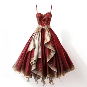 Elegant Red Evening Dress with Gold Accents and Flowing Skirt