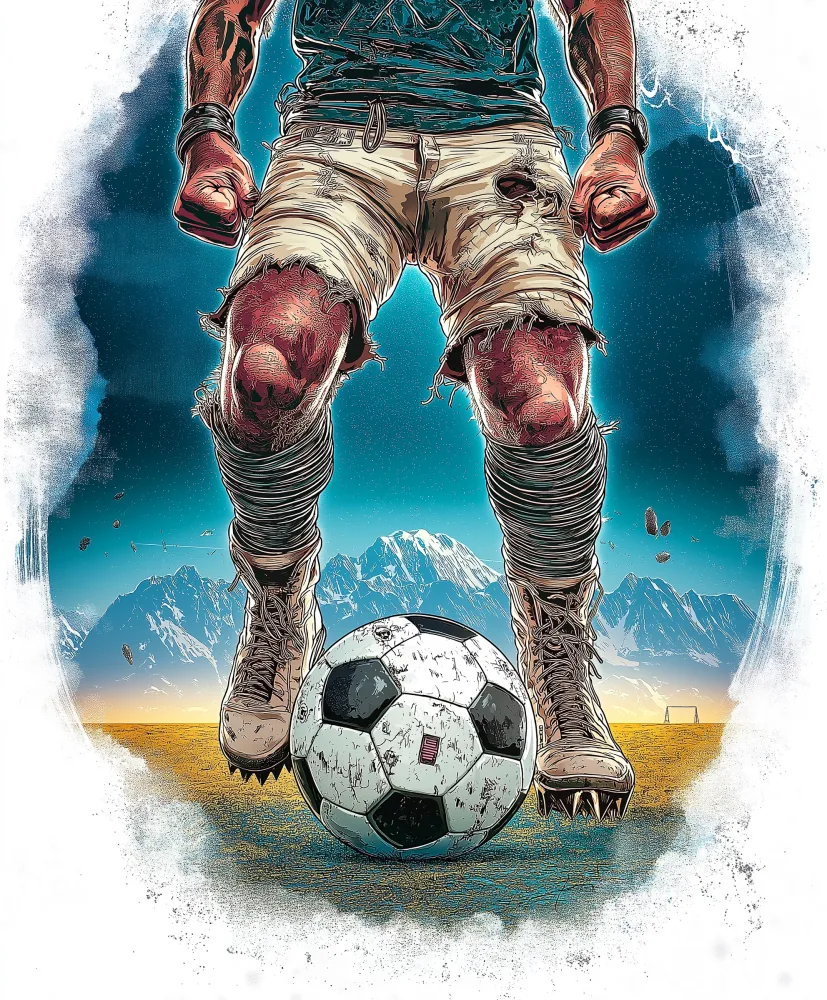 Illustration of Soccer Player Wearing Torn Shorts Ready to Kick Ball