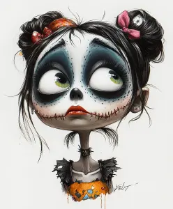 Whimsical Girl with Halloween Makeup and Stitching Face Art