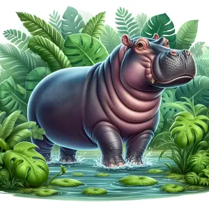 Hippo Walking in Water Surrounded by Tropical Green Foliage