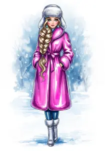 Woman in Pink Winter Coat with Long Braid and Fur Hat