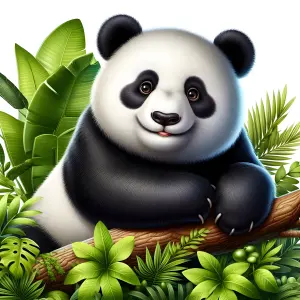 Smiling Panda Surrounded by Tropical Green Leaves