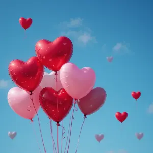 Red and Pink Heart-Shaped Balloons Against Blue Sky