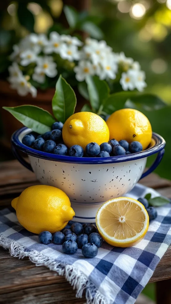 Fresh Lemons and Blueberries in Enamel Bowl on Checkered Cloth
