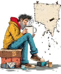 Homeless Man Sitting on Brick with Giant Coffee Mug