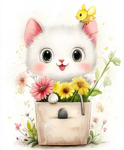 Cute White Kitten in Flower Pot with Yellow Butterfly