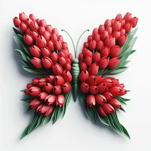 Butterfly Shape Made of Red Tulip Flowers and Green Leaves
