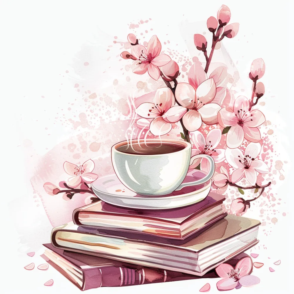 Stack of Books with Tea Cup and Pink Cherry Blossoms
