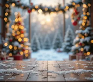 Snow-covered wooden table with blurred Christmas tree and lights background