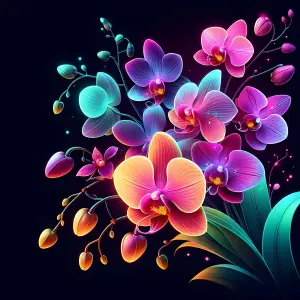 Vibrant Neon Orchids Bouquet on Black Background