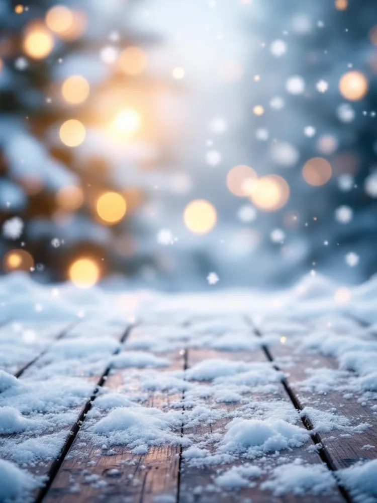 Snow-covered Wooden Deck with Winter Bokeh Lights