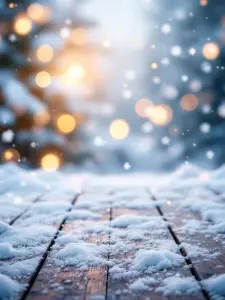 Snow-covered Wooden Deck with Winter Bokeh Lights